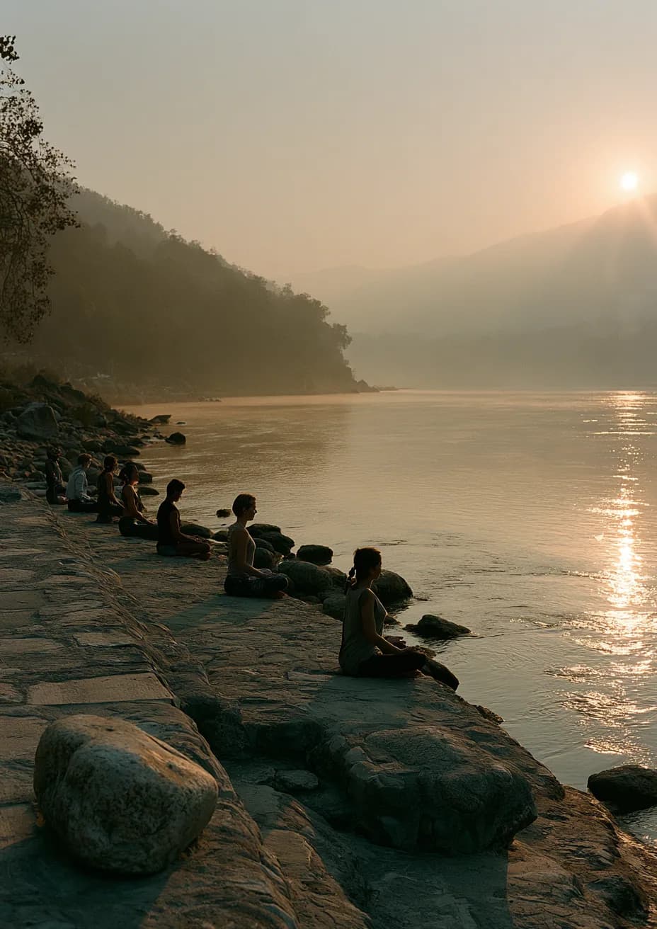 Golden-hour light over the banks of the Ganges river in Rishikesh, home of the Deep Yoga teacher training campus