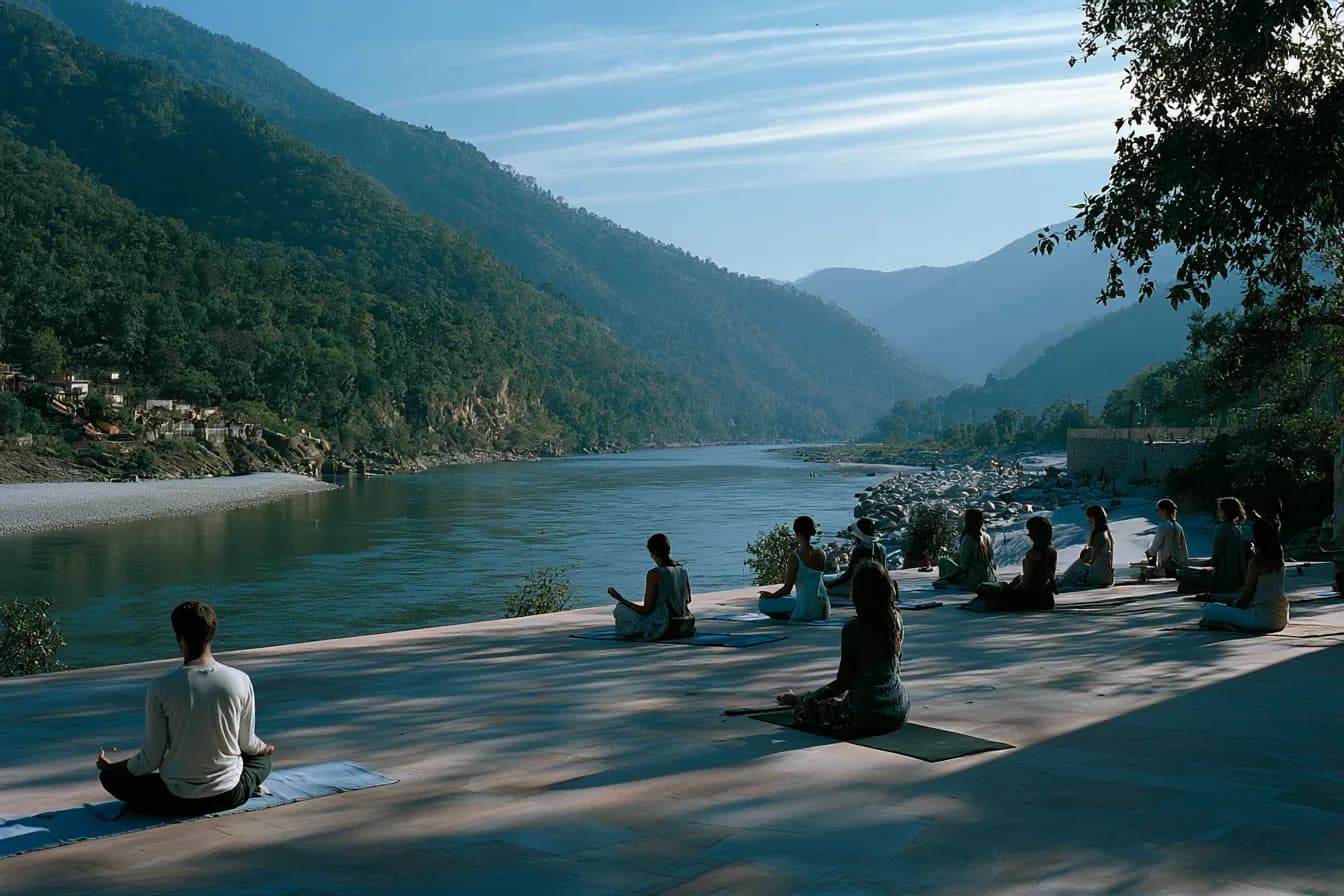 Soft mid-morning light on the open Ganges riverside at Tapovan, Rishikesh, where Deep Yoga students practise